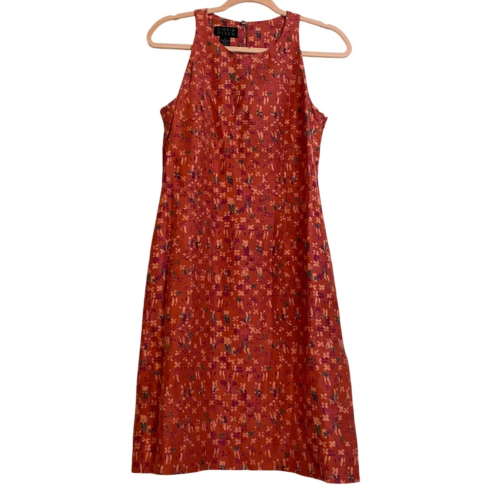 Sigrid Olsen Silk Floral Shift Dress Orange Halter Neck Knee Length 6